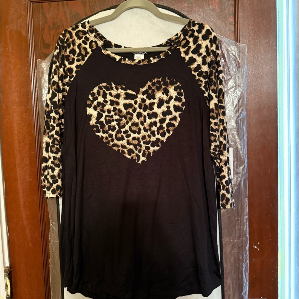 HEIMISH USA Black Top with Leopard Print Heart and Sleeves